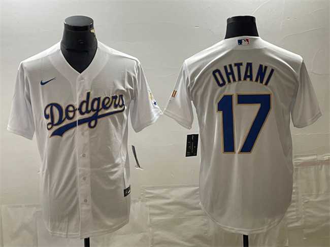 Mens Los Angeles Dodgers #17 Shohei Ohtani White Gold Cool Base With Patch Stitched Baseball Jersey->los angeles dodgers->MLB Jersey